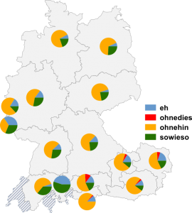 Relative Auftretenshäufigkeit von eh / ohnedies / ohnehin und sowieso innerhalb der einzelnen Areale