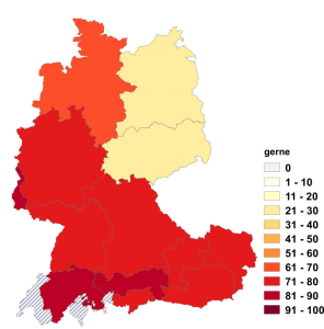 Relative Auftretenshäufigkeit von gerne innerhalb der einzelnen Areale im Verhältnis zu gern (in %)