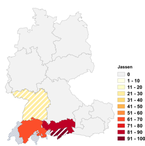 Relative Auftretenshäufigkeit von Jassen innerhalb der einzelnen Areale im Verhältnis zu Jass (in %)