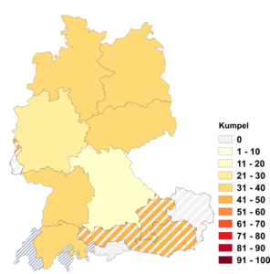Relative Auftretenshäufigkeit von Kumpel innerhalb der einzelnen Areale im Verhältnis zu Kumpels (in %)