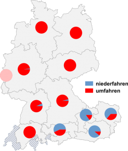 Relative Auftretenshäufigkeit von niederfahren / umfahren innerhalb der einzelnen Areale