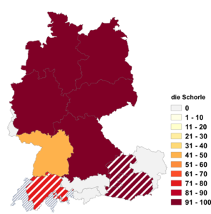 Relative Auftretenshäufigkeit von die Schorle innerhalb der einzelnen Areale im Verhältnis zu das Schorle (in %)