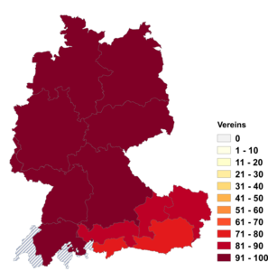 Relative Auftretenshäufigkeit von Vereins innerhalb der einzelnen Areale im Verhältnis zu Vereines (in %)