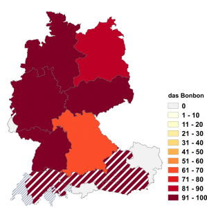 Relative Auftretenshäufigkeit von das Bonbon innerhalb der einzelnen Areale im Verhältnis zu der Bonbon (in %)