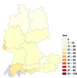 Relative Auftretenshäufigkeit von dies innerhalb der einzelnen Areale im Verhältnis zu das (in %)