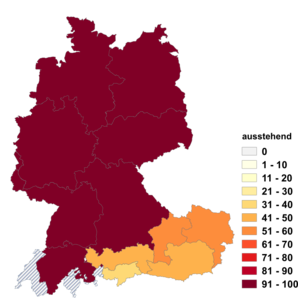 Relative Auftretenshäufigkeit von ausstehend innerhalb der einzelnen Areale im Verhältnis zu ausständig (in %)