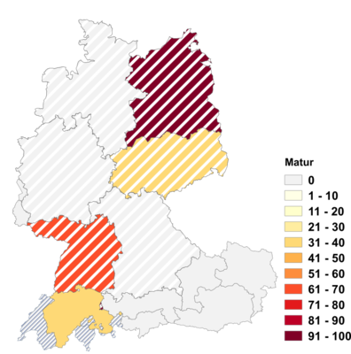 Relative Auftretenshäufigkeit von Matur innerhalb der einzelnen Areale im Verhältnis zu Matura und Maturität (in %)