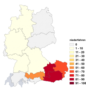 Relative Auftretenshäufigkeit von niederfahren innerhalb der einzelnen Areale im Verhältnis zu umfahren (in %)
