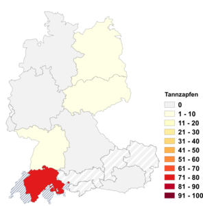 Relative Auftretenshäufigkeit von Tannzapfen innerhalb der einzelnen Areale im Verhältnis zu Tannenzapfen (in %)
