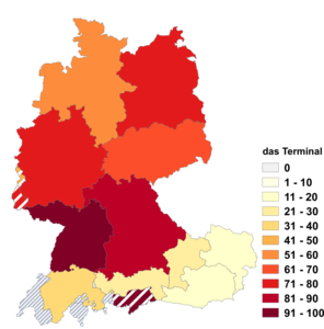 Relative Auftretenshäufigkeit von das Terminal innerhalb der einzelnen Areale im Verhältnis zu der Terminal (in %)