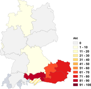 Relative Auftretenshäufigkeit von Akt innerhalb der einzelnen Areale im Verhältnis zu Akte (in %)