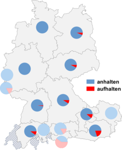 Relative Auftretenshäufigkeit von anhalten / aufhalten innerhalb der einzelnen Areale