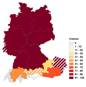 Relative Auftretenshäufigkeit von Cremes innerhalb der einzelnen Areale im Verhältnis zu Cremen (in %)