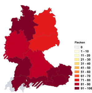 Relative Auftretenshäufigkeit von Flecken innerhalb der einzelnen Areale im Verhältnis zu Flecke (in %)