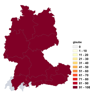 Relative Auftretenshäufigkeit von glaube innerhalb der einzelnen Areale im Verhältnis zu glaub(') (in %)
