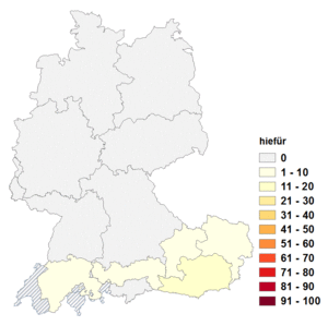 Relative Auftretenshäufigkeit von hiefür innerhalb der einzelnen Areale im Verhältnis zu hierfür (in %)