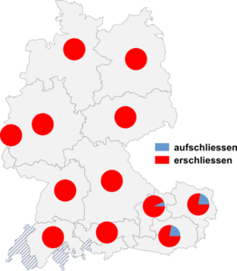 Relative Auftretenshäufigkeit von aufschliessen / erschliessen innerhalb der einzelnen Areale