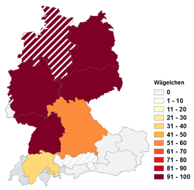 Relative Auftretenshäufigkeit von Wägelchen innerhalb der einzelnen Areale im Verhältnis zu Wägeli und Wagerl (in %)