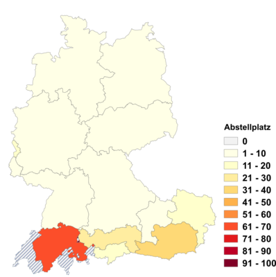 Relative Auftretenshäufigkeit von Abstellplatz innerhalb der einzelnen Areale im Verhältnis zu Einstellplatz und Stellplatz (in %)