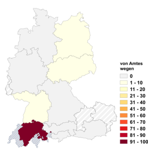 Relative Auftretenshäufigkeit von von Amtes wegen innerhalb der einzelnen Areale im Verhältnis zu von Amts wegen (in %)