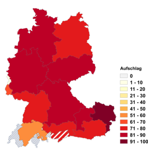 Relative Auftretenshäufigkeit von Aufschlag innerhalb der einzelnen Areale im Verhältnis zu Zuschlag (in %)