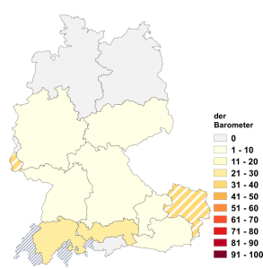 Relative Auftretenshäufigkeit von der Barometer innerhalb der einzelnen Areale im Verhältnis zu das Barometer (in %)