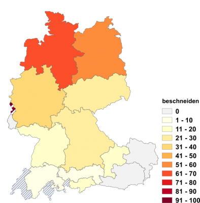 Relative Auftretenshäufigkeit von beschneiden innerhalb der einzelnen Areale im Verhältnis zu schneiden und verschneiden (in %)