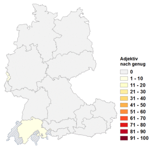 Relative Auftretenshäufigkeit von genug + Adjektiv innerhalb der einzelnen Sprachregionen im Verhältnis zu Adjektiv + genug (in %)