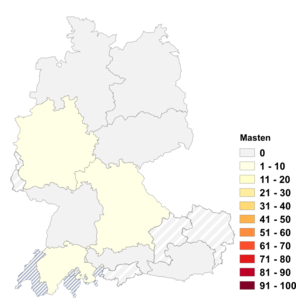 Relative Auftretenshäufigkeit von Masten innerhalb der einzelnen Areale im Verhältnis zu Mastens, Mastes und Masts (in %)