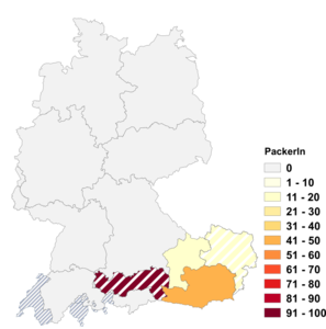 Relative Auftretenshäufigkeit von Packerln innerhalb der einzelnen Areale im Verhältnis zu Packerl (in %)