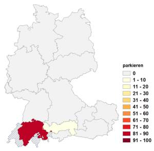 Relative Auftretenshäufigkeit von parkieren innerhalb der einzelnen Areale im Verhältnis zu parken (in %)