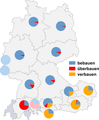 Relative Auftretenshäufigkeit von bebauen / überbauen / verbauen innerhalb der einzelnen Areale