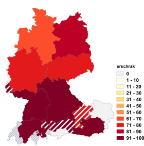 Relative Auftretenshäufigkeit von erschrak innerhalb der einzelnen Areale im Verhältnis zu erschreckte (in %)