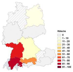 Relative Auftretenshäufigkeit von Rätsche innerhalb der einzelnen Areale im Verhältnis zu Ratsche (in %)