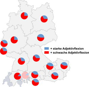 Relative Auftretenshäufigkeit von sämtliche + starke Adjektivflexion / sämtliche + schwache Adjektivflexion innerhalb der einzelnen Areale