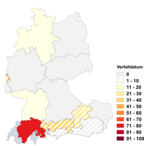 Relative Auftretenshäufigkeit von Verfalldatum innerhalb der einzelnen Areale im Verhältnis zu Verfallsdatum (in %)