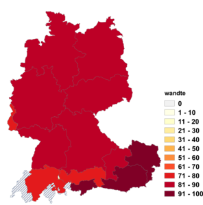 Relative Auftretenshäufigkeit von wandte innerhalb der einzelnen Areale im Verhältnis zu wendete (in %)