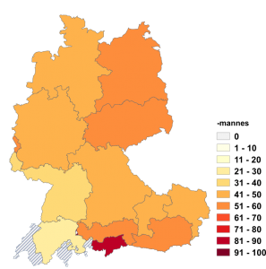 Relative Auftretenshäufigkeit von -mannes innerhalb der einzelnen Areale im Verhältnis zu -manns (in %)