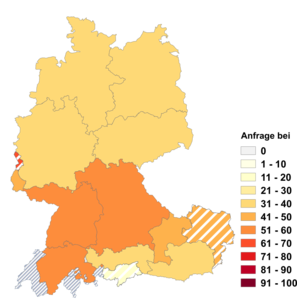 Relative Auftretenshäufigkeit von Anfrage bei innerhalb der einzelnen Areale im Verhältnis zu Anfrage an (in %)