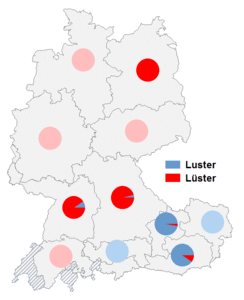 Relative Auftretenshäufigkeit von Luster / Lüster innerhalb der einzelnen Areale