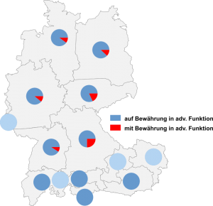 Relative Auftretenshäufigkeit von auf Bewährung in adverbialer Funktion / mit Bewährung in adverbialer Funktion innerhalb der einzelnen Areale