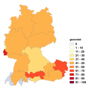 Relative Auftretenshäufigkeit von gesendet innerhalb der einzelnen Areale im Verhältnis zu gesandt (in %)