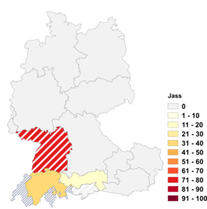 Relative Auftretenshäufigkeit von Jass innerhalb der einzelnen Areale im Verhältnis zu Jassen (in %)