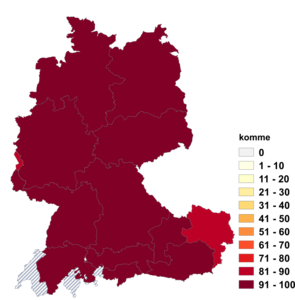 Relative Auftretenshäufigkeit von komme innerhalb der einzelnen Areale im Verhältnis zu komm(') (in %)