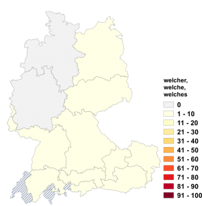 Relative Auftretenshäufigkeit von welcher, welche, welches innerhalb der einzelnen Areale im Verhältnis zu der, die, das (in %)