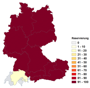 Relative Auftretenshäufigkeit von Reservierung innerhalb der einzelnen Areale im Verhältnis zu Reservation (in %)
