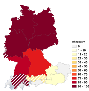 Relative Auftretenshäufigkeit von Reflexivpronomen im Akkusativ (ich tue mich leicht, schwer) innerhalb der einzelnen Areale im Verhältnis zu Reflexivpronomen im Dativ (ich tue mir leicht, schwer) (in %)