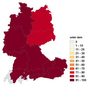 Relative Auftretenshäufigkeit von unter dem innerhalb der einzelnen Areale im Verhältnis zu unterm (in %)