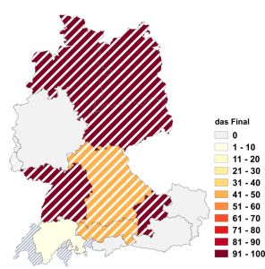Relative Auftretenshäufigkeit von das Final innerhalb der einzelnen Areale im Verhältnis zu der Final (in %)