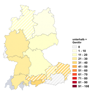 Relative Auftretenshäufigkeit von unterhalb + Genitiv innerhalb der einzelnen Areale im Verhältnis zu unterhalb + von + Dativ (in %)